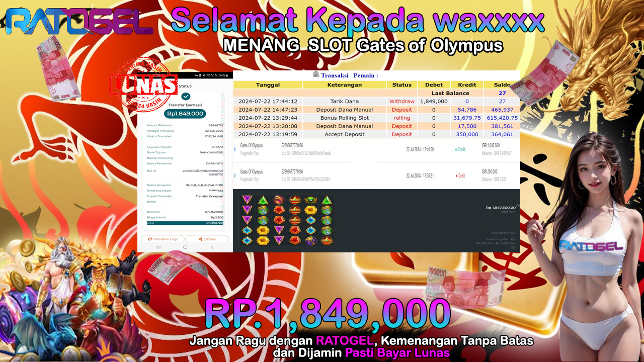 BUKTI JACKPOT SLOT GATES OF OLYMPUS  TERPERCAYA DI INDONESIA TGL 22-07-2024