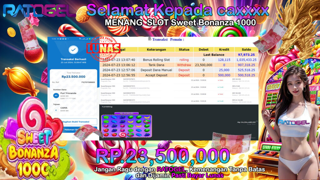 BUKTI JACKPOT SLOT SWEET BONANZA 1000 TERPERCAYA DI INDONESIA TGL 23-07-2024