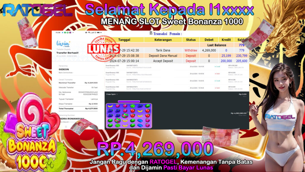 BUKTI JACKPOT SLOT SWEET BONANZA 1000 TERPERCAYA DI INDONESIA TGL 29-07-2024