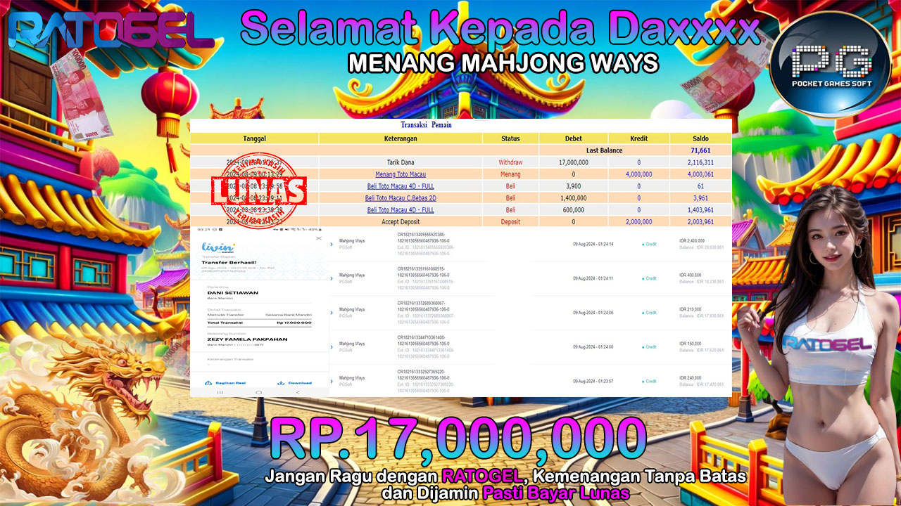 BUKTI JACKPOT SLOT MAHJONG WAYS TERPERCAYA DI INDONESIA TGL 09-08-2024