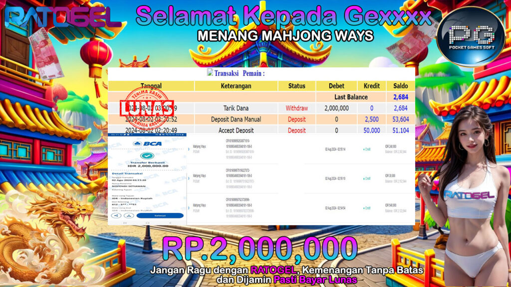 BUKTI JACKPOT SLOT MAHJONG WAYS TERPERCAYA DI INDONESIA TGL 02-08-2024